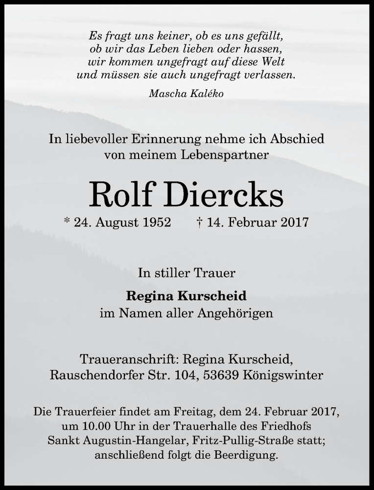  Traueranzeige für Rolf Diercks vom 18.02.2017 aus General-Anzeiger Bonn
