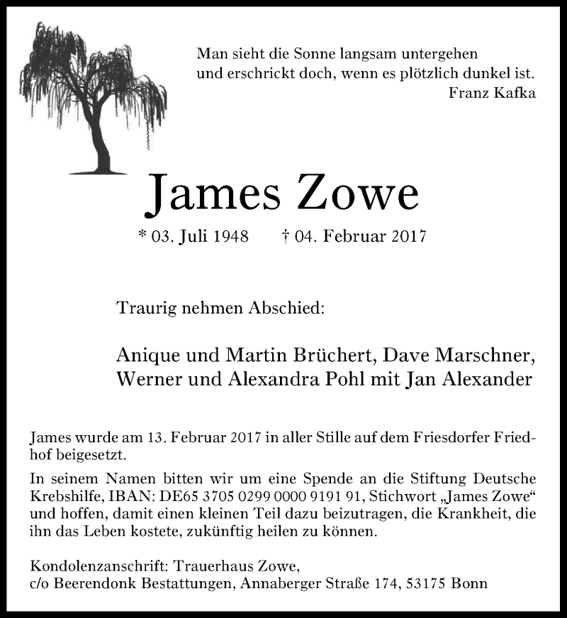  Traueranzeige für James Zowe vom 15.02.2017 aus General-Anzeiger Bonn
