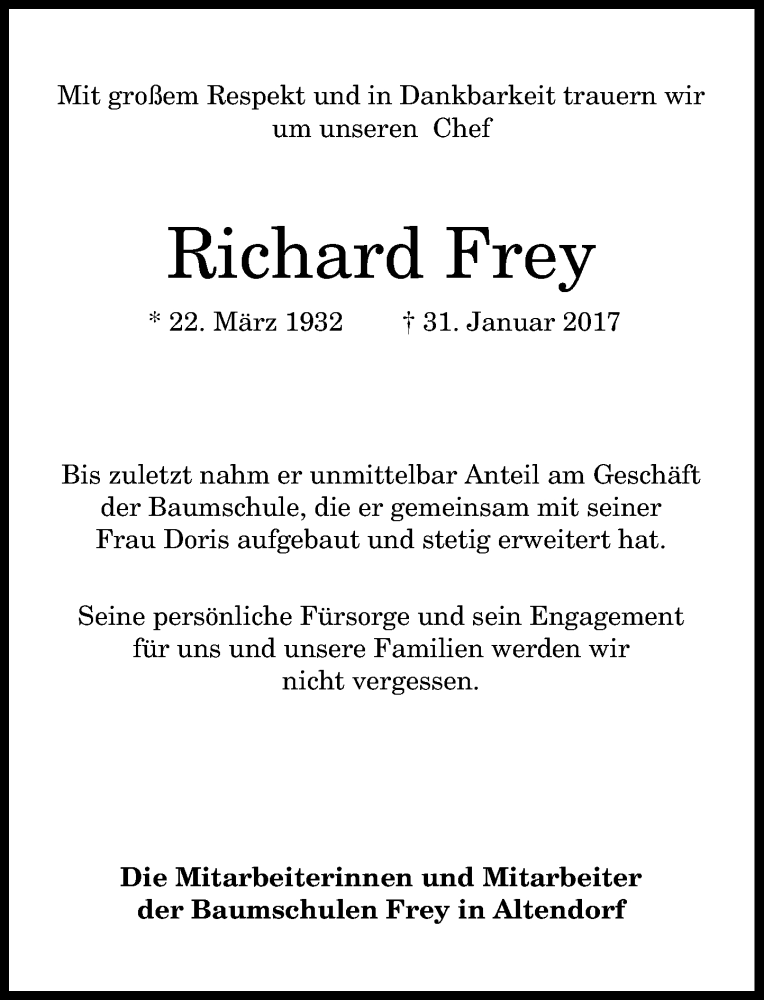  Traueranzeige für Richard Frey vom 04.02.2017 aus General-Anzeiger Bonn