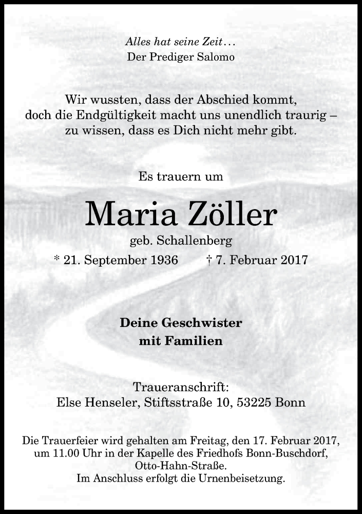  Traueranzeige für Maria Zöller vom 11.02.2017 aus General-Anzeiger Bonn