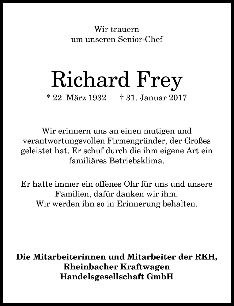  Traueranzeige für Richard Frey vom 04.02.2017 aus General-Anzeiger Bonn
