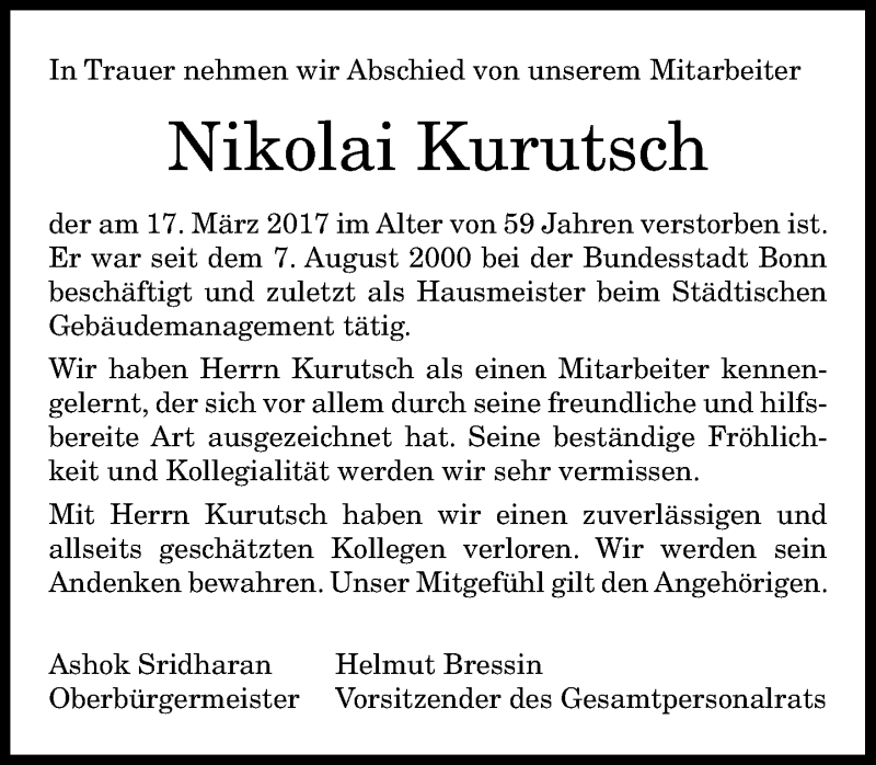  Traueranzeige für Nikolai Kurutsch vom 22.03.2017 aus General-Anzeiger Bonn