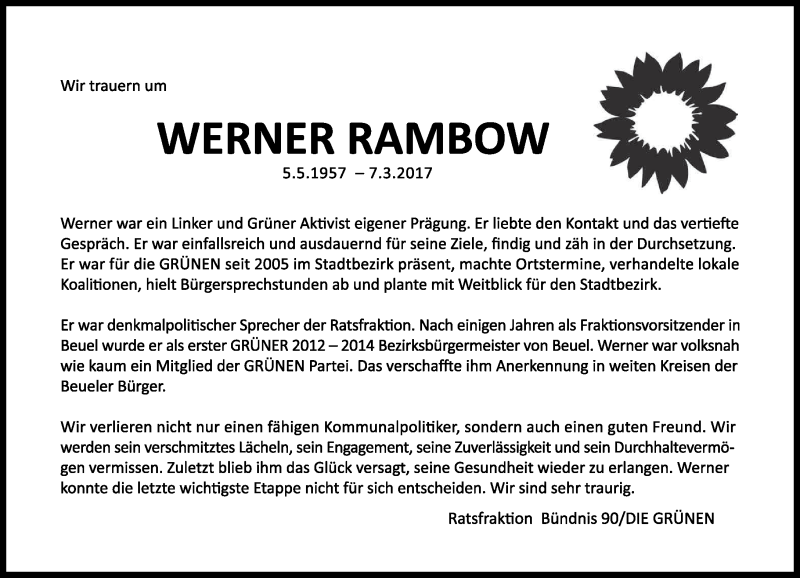  Traueranzeige für Werner Rambow vom 11.03.2017 aus General-Anzeiger Bonn