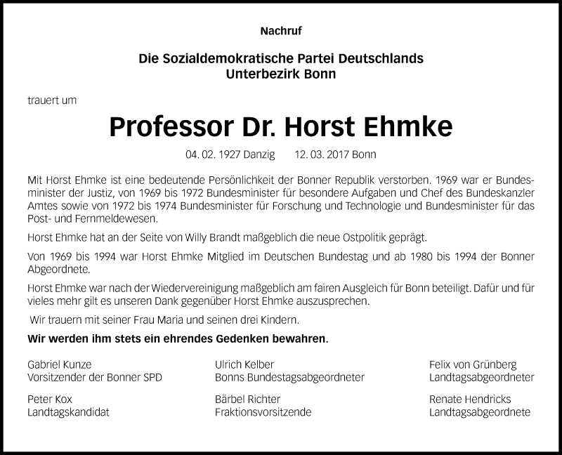 Traueranzeige für Horst Ehmke vom 18.03.2017 aus General-Anzeiger Bonn