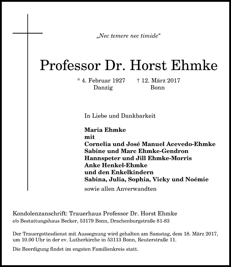  Traueranzeige für Horst Ehmke vom 15.03.2017 aus General-Anzeiger Bonn