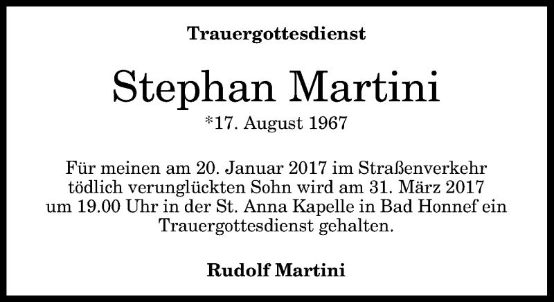  Traueranzeige für Stephan Martini vom 04.03.2017 aus General-Anzeiger Bonn
