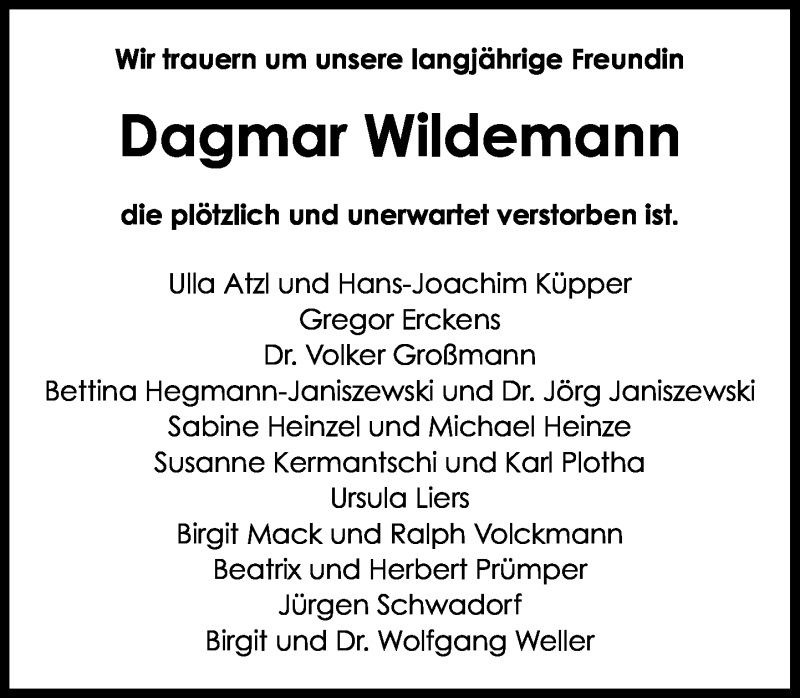  Traueranzeige für Dagmar Wildemann vom 25.03.2017 aus General-Anzeiger Bonn