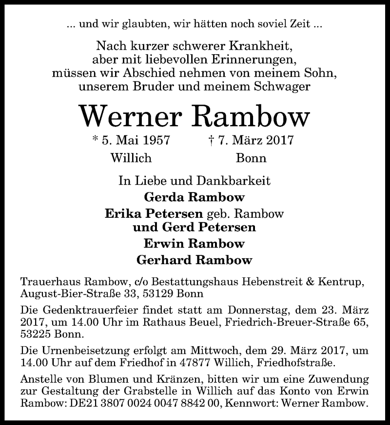 Traueranzeige für Werner Rambow vom 18.03.2017 aus General-Anzeiger Bonn