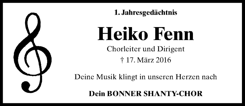  Traueranzeige für Heiko Fenn vom 17.03.2017 aus General-Anzeiger Bonn