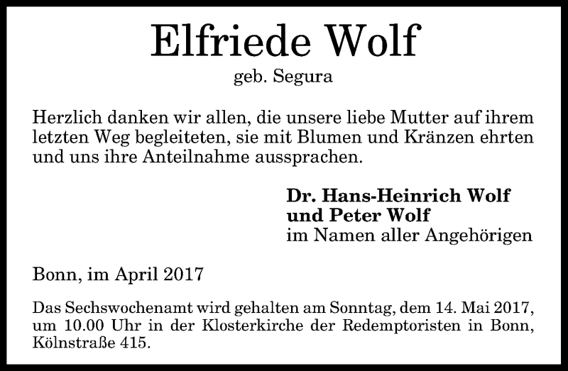  Traueranzeige für Elfriede Wolf vom 15.04.2017 aus General-Anzeiger Bonn