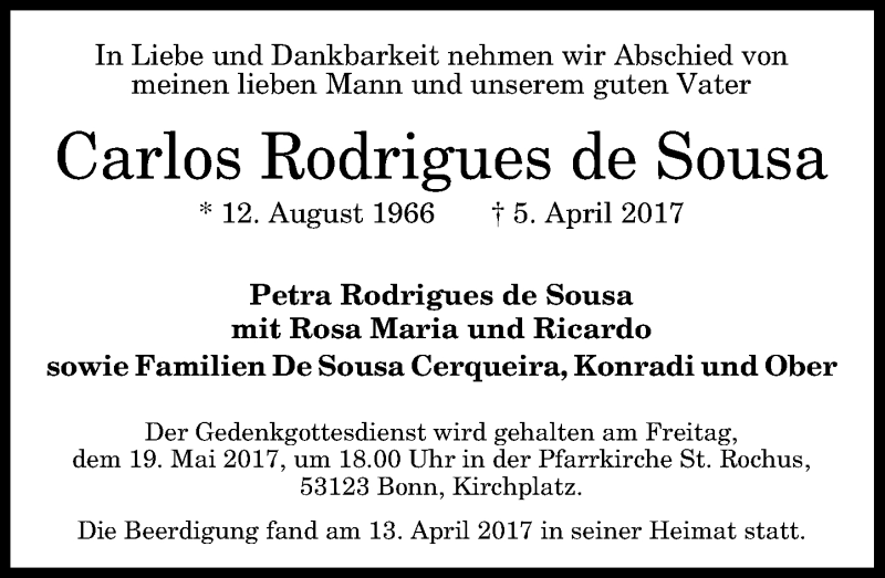  Traueranzeige für Carlos Rodrigues de Sousa vom 29.04.2017 aus General-Anzeiger Bonn