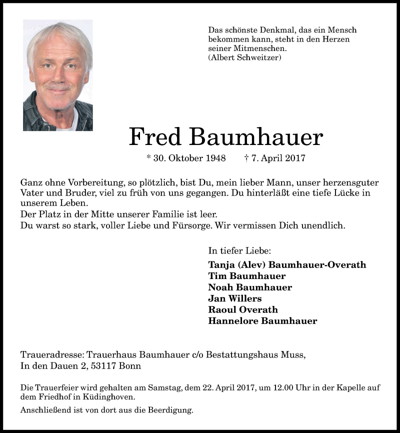 Traueranzeige für Fred Baumhauer vom 15.04.2017 aus General-Anzeiger Bonn
