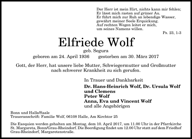 Traueranzeige für Elfriede Wolf vom 08.04.2017 aus General-Anzeiger Bonn