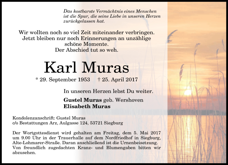  Traueranzeige für Karl Muras vom 29.04.2017 aus General-Anzeiger Bonn