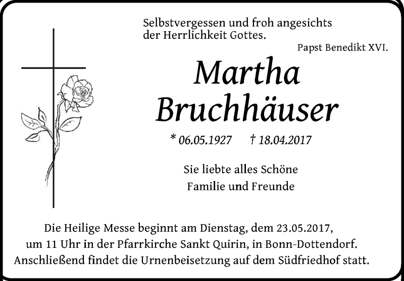  Traueranzeige für Martha Bruchhäuser vom 17.05.2017 aus General-Anzeiger Bonn