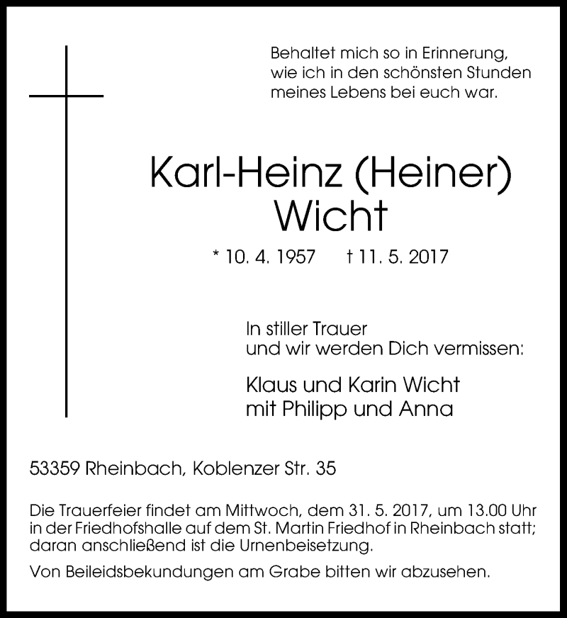  Traueranzeige für Karl-Heinz Wicht vom 27.05.2017 aus General-Anzeiger Bonn