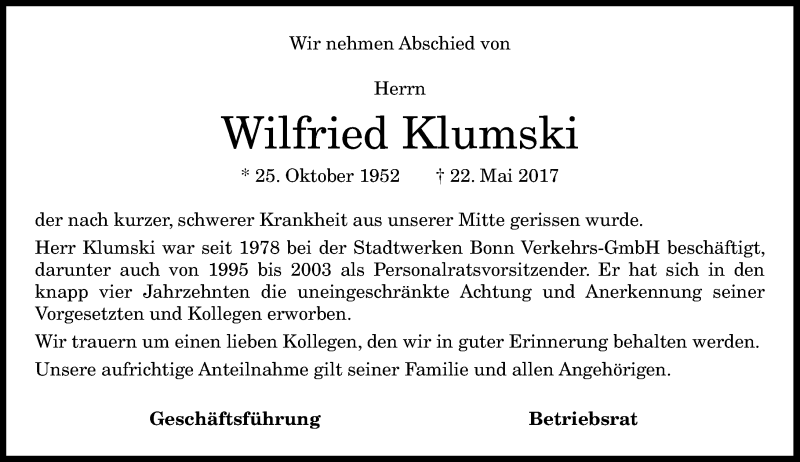  Traueranzeige für Wilfried Klumski vom 27.05.2017 aus General-Anzeiger Bonn