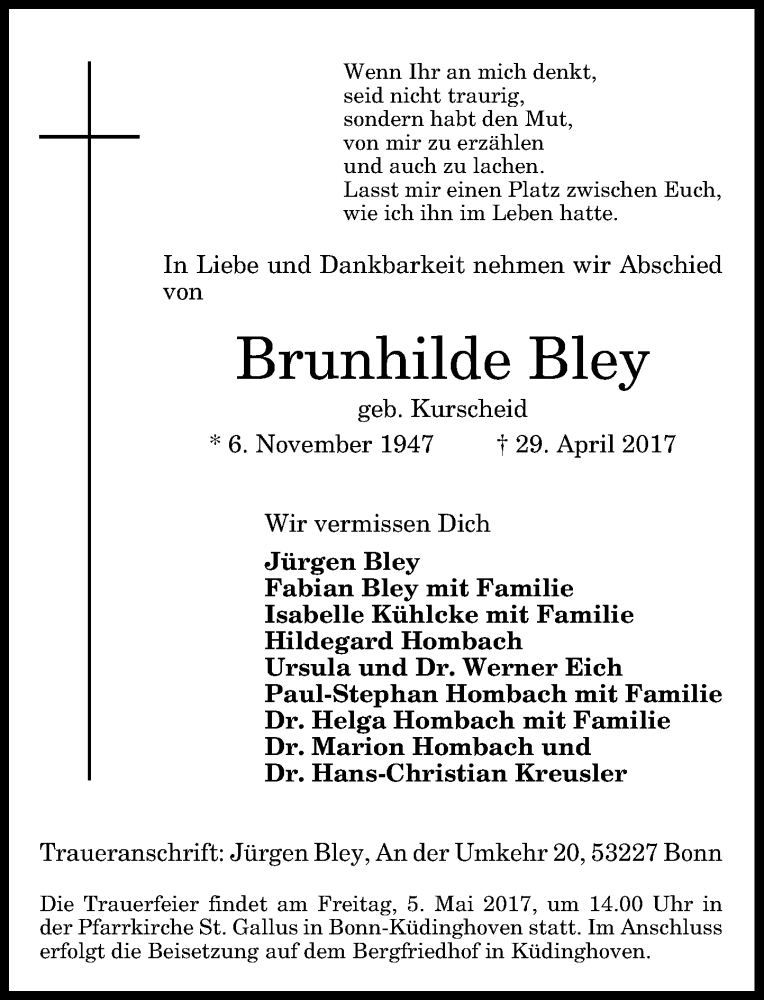  Traueranzeige für Brunhilde Bley vom 03.05.2017 aus General-Anzeiger Bonn