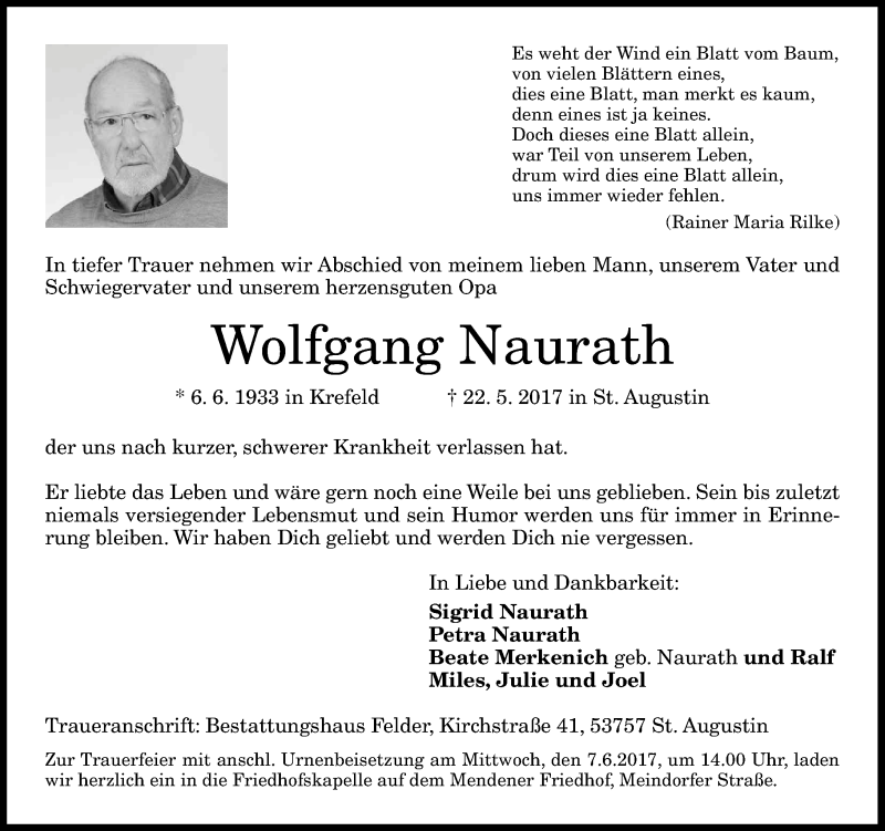  Traueranzeige für Wolfgang Naurath vom 27.05.2017 aus General-Anzeiger Bonn