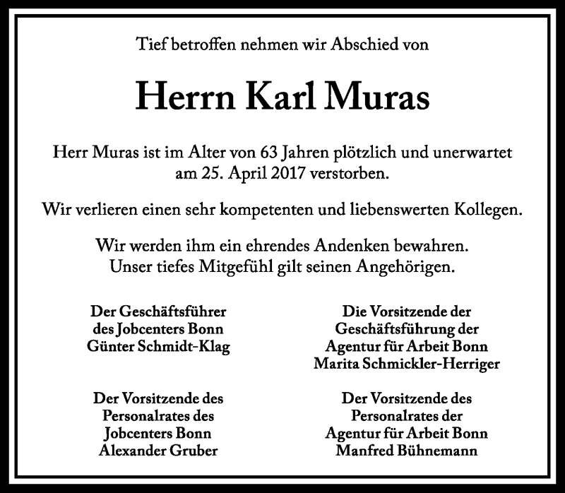  Traueranzeige für Karl Muras vom 03.05.2017 aus General-Anzeiger Bonn