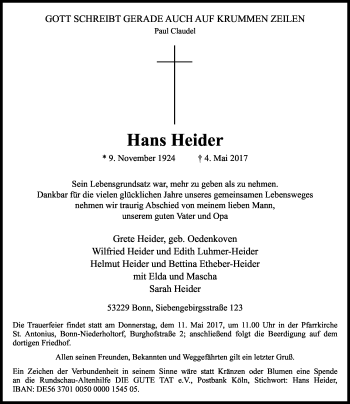 Anzeige von Hans Heider von General-Anzeiger Bonn