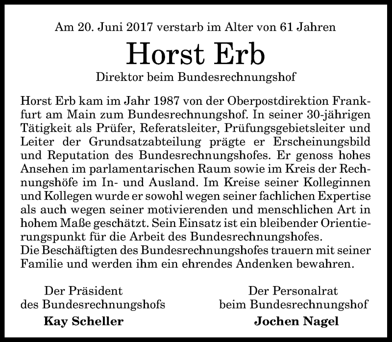  Traueranzeige für Horst Erb vom 24.06.2017 aus General-Anzeiger Bonn