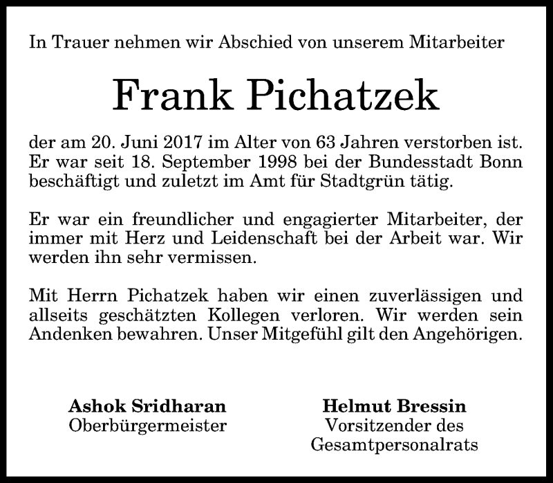  Traueranzeige für Frank Pichatzek vom 29.06.2017 aus General-Anzeiger Bonn