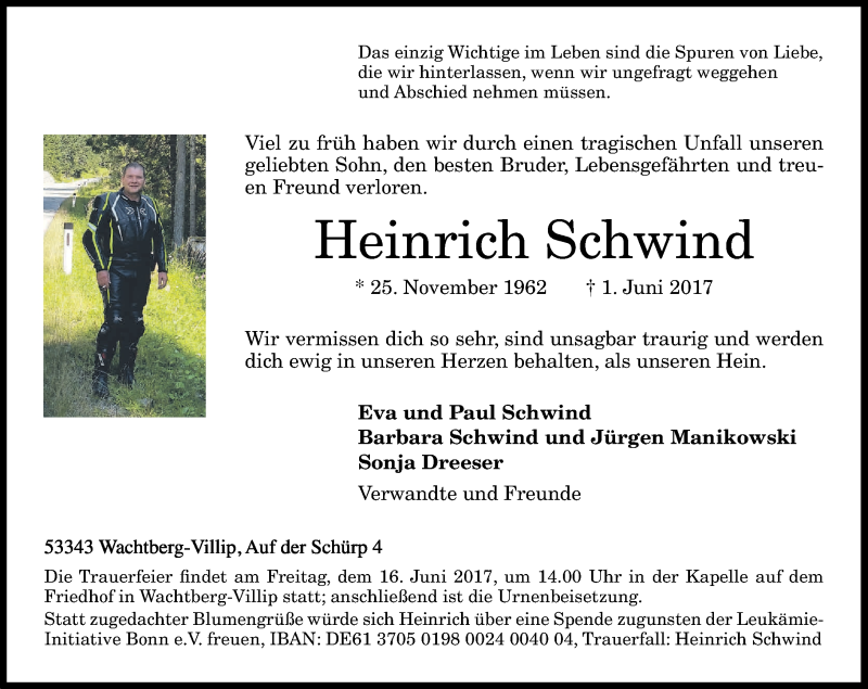  Traueranzeige für Heinrich Schwind vom 10.06.2017 aus General-Anzeiger Bonn