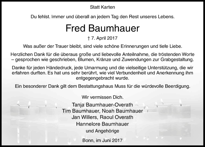  Traueranzeige für Fred Baumhauer vom 24.06.2017 aus General-Anzeiger Bonn
