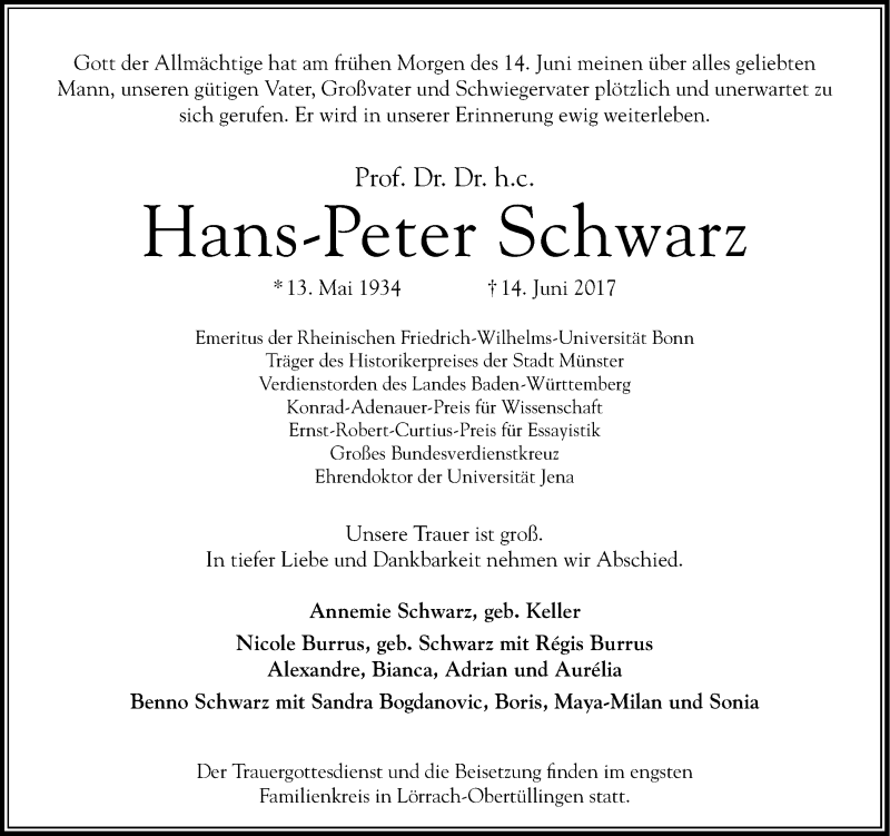  Traueranzeige für Hans-Peter Schwarz vom 17.06.2017 aus General-Anzeiger Bonn