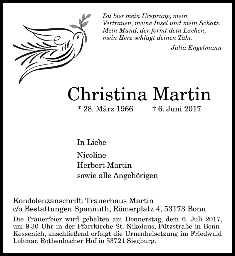  Traueranzeige für Christina Martin vom 24.06.2017 aus General-Anzeiger Bonn