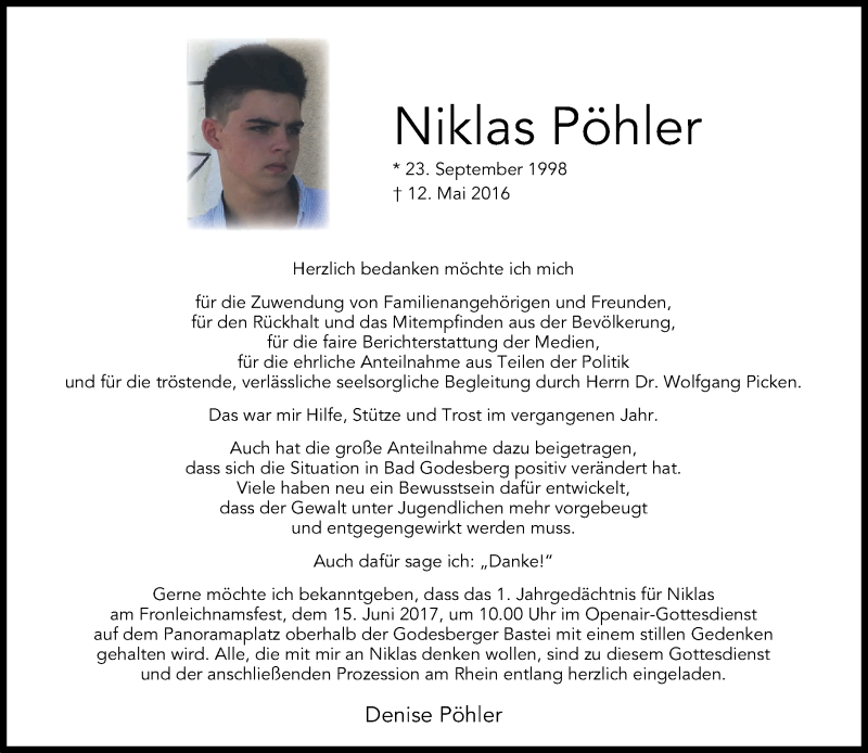  Traueranzeige für Niklas Pöhler vom 10.06.2017 aus General-Anzeiger Bonn