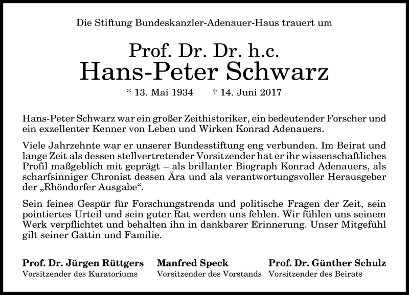  Traueranzeige für Hans-Peter Schwarz vom 20.06.2017 aus General-Anzeiger Bonn