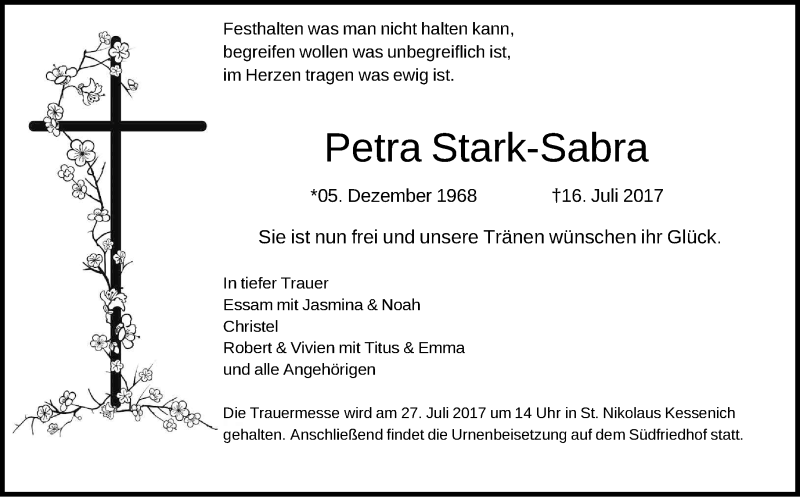  Traueranzeige für Petra Stark-Sabra vom 22.07.2017 aus General-Anzeiger Bonn