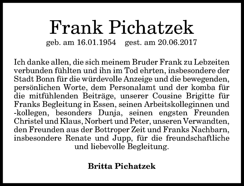  Traueranzeige für Frank Pichatzek vom 26.07.2017 aus General-Anzeiger Bonn
