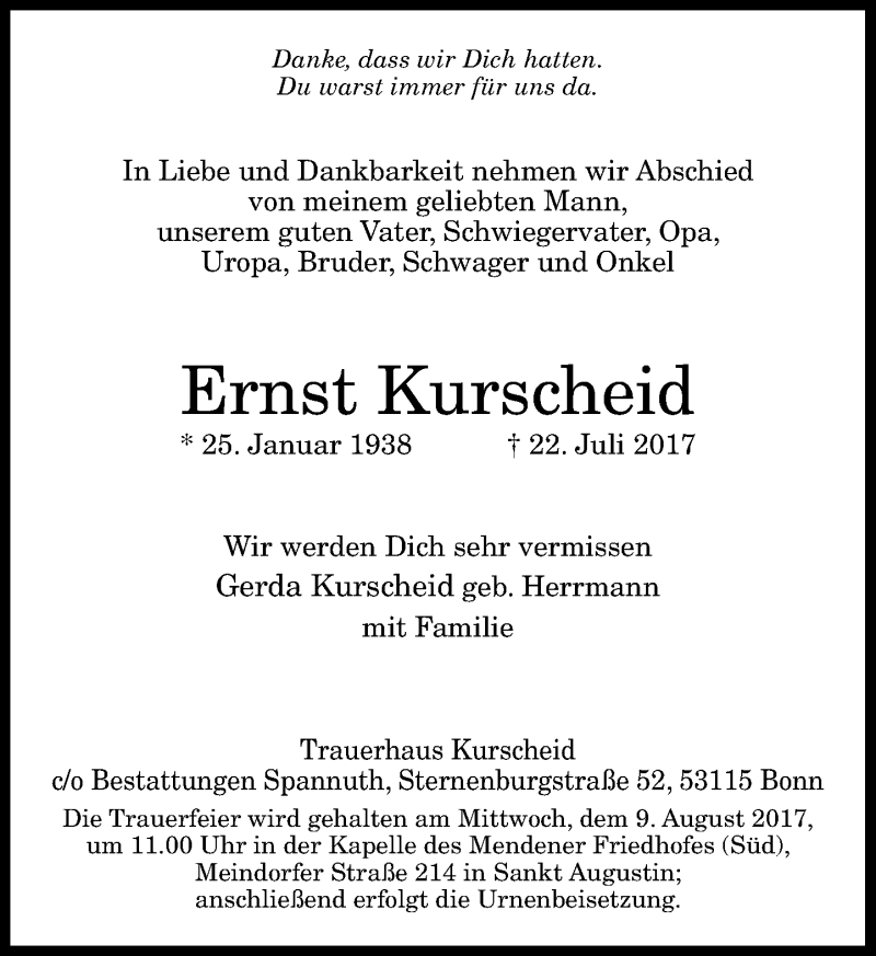  Traueranzeige für Ernst Kurscheid vom 29.07.2017 aus General-Anzeiger Bonn