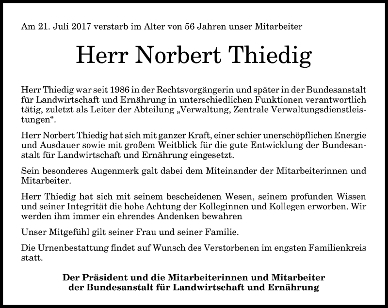  Traueranzeige für Norbert Thiedig vom 29.07.2017 aus General-Anzeiger Bonn