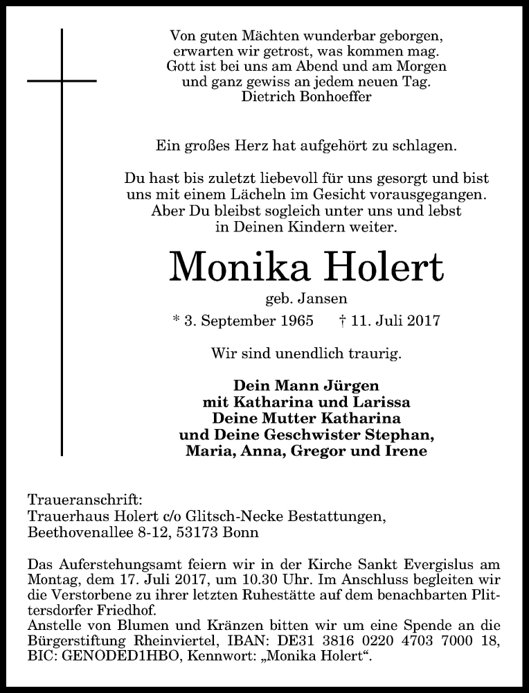  Traueranzeige für Monika Holert vom 15.07.2017 aus General-Anzeiger Bonn