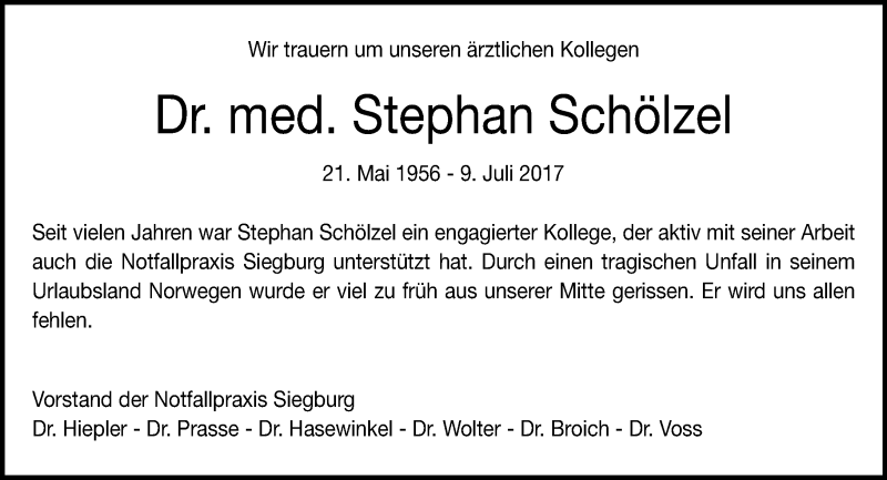  Traueranzeige für Stephan Schölzel vom 22.07.2017 aus General-Anzeiger Bonn