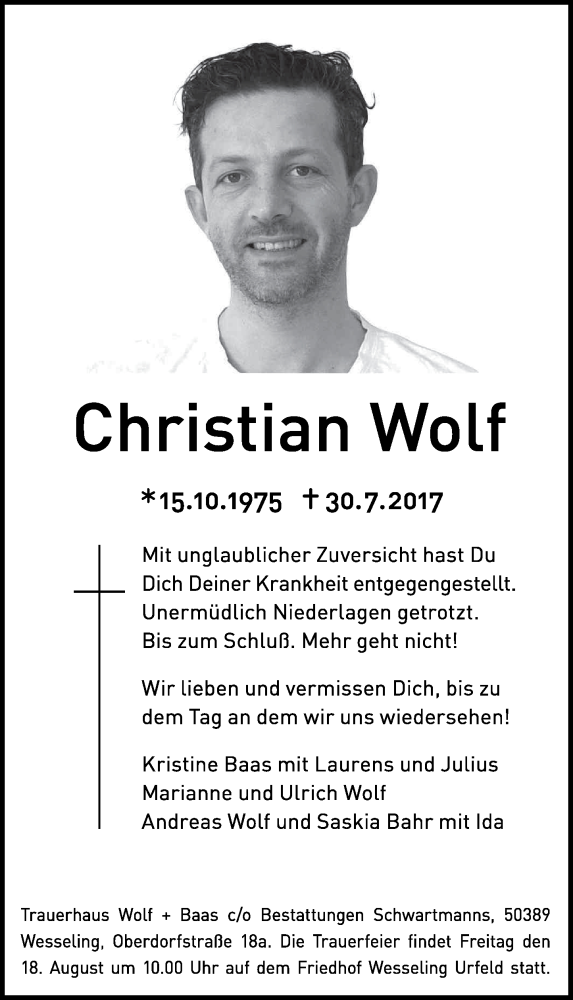  Traueranzeige für Christian Wolf vom 12.08.2017 aus General-Anzeiger Bonn