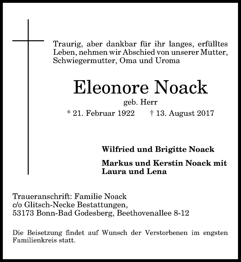  Traueranzeige für Eleonore Noack vom 19.08.2017 aus General-Anzeiger Bonn