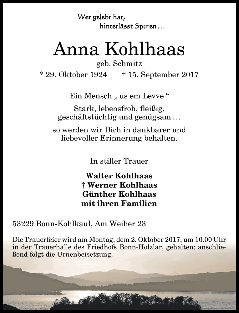  Traueranzeige für Anna Kohlhaas vom 23.09.2017 aus General-Anzeiger Bonn
