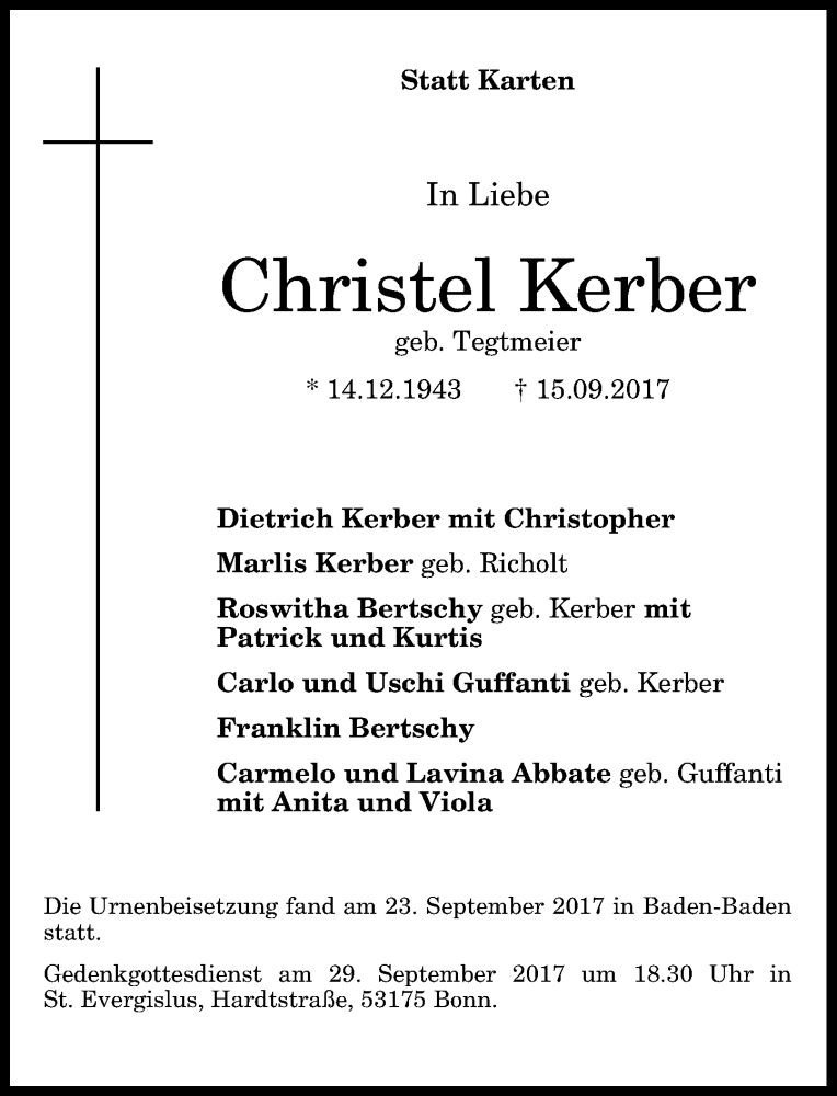  Traueranzeige für Christel Kerber vom 23.09.2017 aus General-Anzeiger Bonn