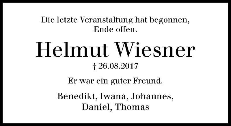  Traueranzeige für Helmut Wiesner vom 02.09.2017 aus General-Anzeiger Bonn