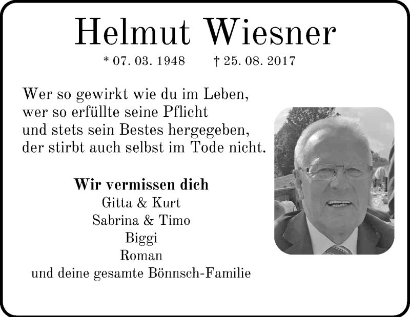  Traueranzeige für Helmut Wiesner vom 02.09.2017 aus General-Anzeiger Bonn