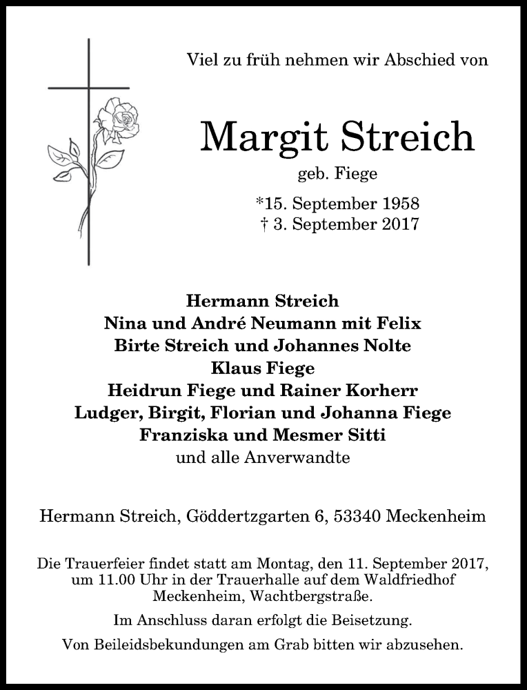  Traueranzeige für Margit Streich vom 06.09.2017 aus General-Anzeiger Bonn