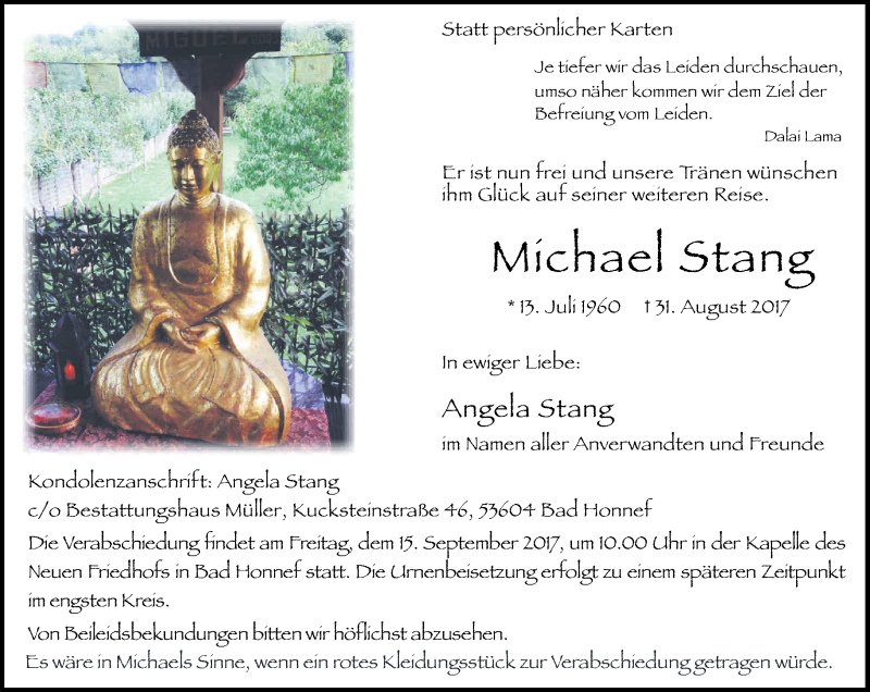  Traueranzeige für Michael Stang vom 09.09.2017 aus General-Anzeiger Bonn