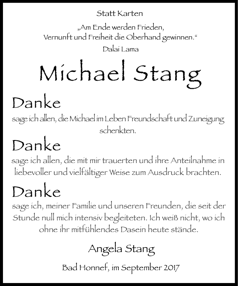  Traueranzeige für Michael Stang vom 23.09.2017 aus General-Anzeiger Bonn