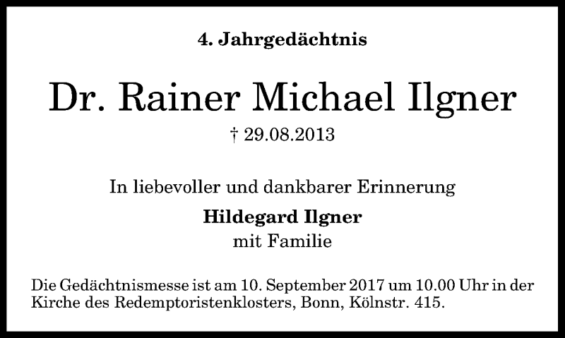  Traueranzeige für Rainer Michael Ilgner vom 02.09.2017 aus General-Anzeiger Bonn