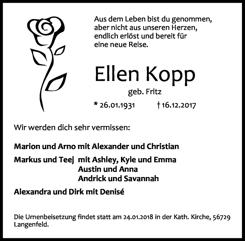  Traueranzeige für AdEllen Kopp vom 17.01.2018 aus General-Anzeiger Bonn